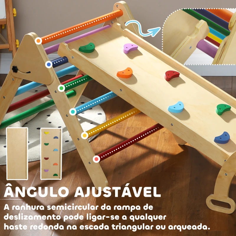 AIYAPLAY Triângulo de Escalada de Madeira 5 em 1 Escada para Crianças de 18-48 Meses com Rampa e Arco de Escalada 178x64,5x63 cm Multicor