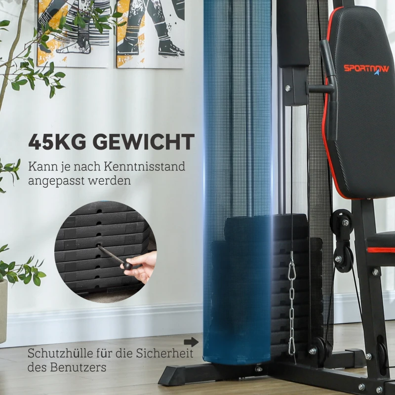 SPORTNOW Thuis Fitnessstation met 45 kg Gewichtsblokken, Lat Pulley, Borststation, Beinpresse voor Veelzijdige Training