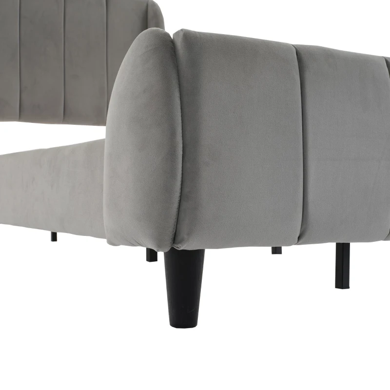 3FT Upholstered Bed with Soft Backrest and Vertical Stripe Design, Metal Underbed Bracket, 202L x 103W x 103H cm, Gray