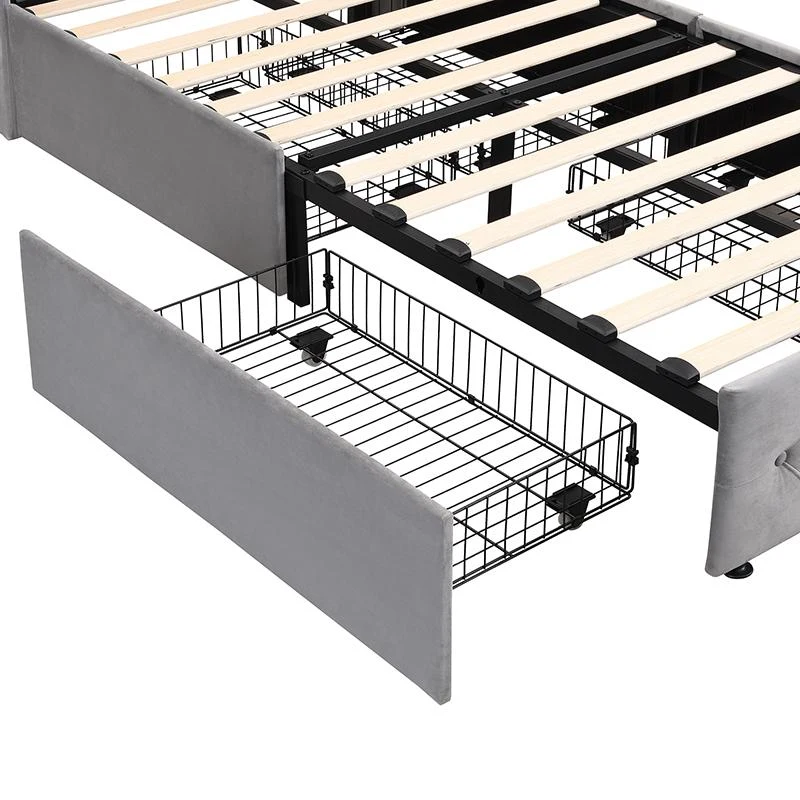 3FT Single Velvet Upholstered Storage Bed with 4 Drawers, Table Lamp and 4 USB Ports, Durable and Sturdy, 206.5L x 96.5W x 109H cm, Gray