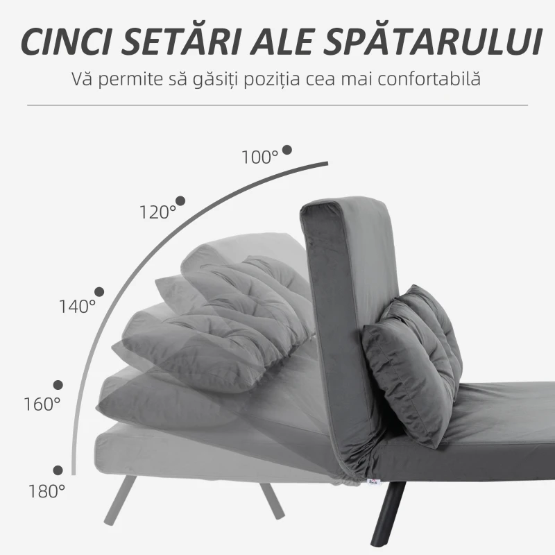 HOMCOM Canapea Pat de 2 Locuri cu Spătar Reglabil pe 5 Nivele și 2 Perne din Material Capitonat, 102x73x81 cm, Gri Închis(m-5)