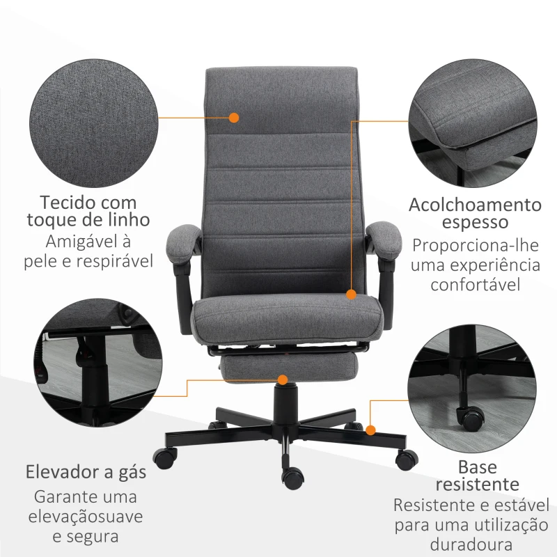 Vinsetto Cadeira de Escritório Giratória Reclinável com Altura Ajustável e Apoio para os Pés Retrátil 68x67x106-114 cm Cinza