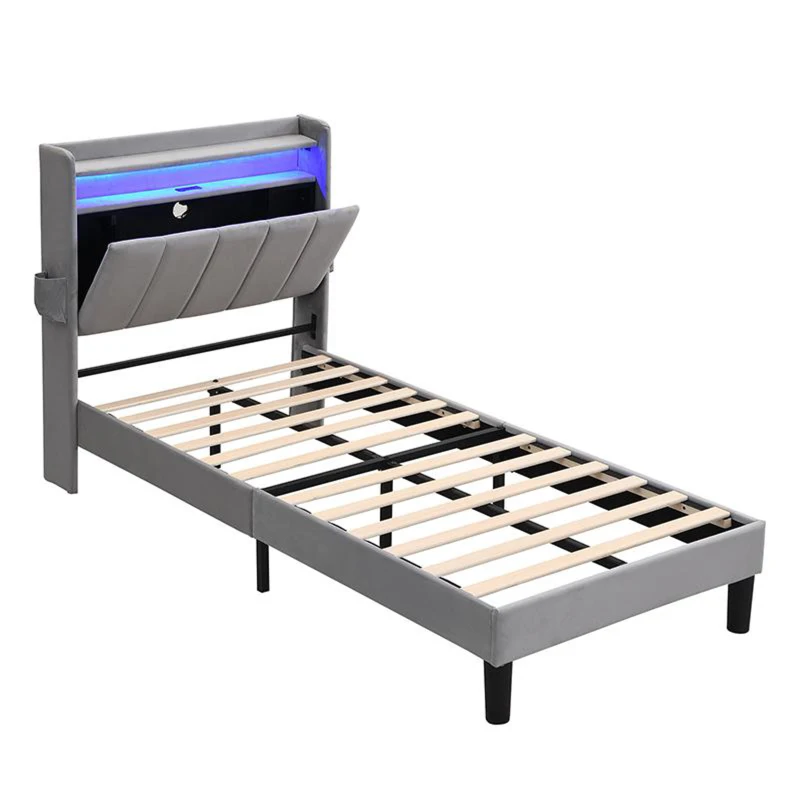 Upholstered Bed with LED Light Strip, 4 USB Ports, Lower Flap Door Storage, 204L x 96W x 107H cm, Grey