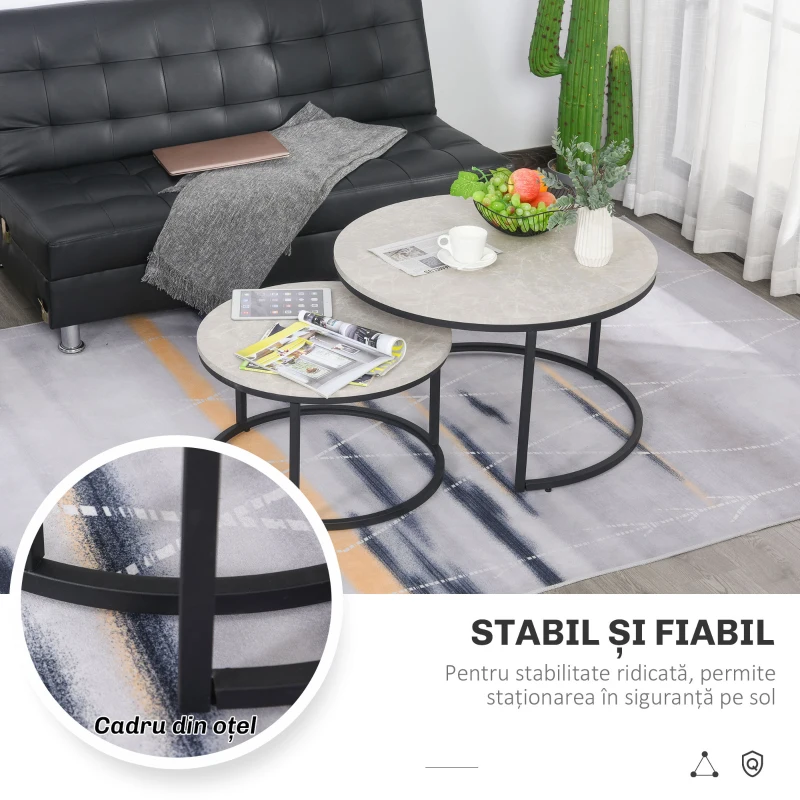Homcom Set 2 Masute Rotunde pentru Cafea Metal + Marmura Gri/Negru