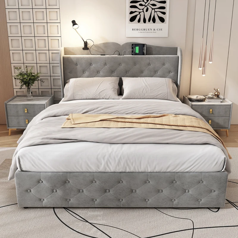 Upholstered Double Bed with Storage Drawers, Adjustable Lamp, USB Ports, Velvet Bedstead with Wooden Frame, 206.5L x 142W x 109H cm, Gray