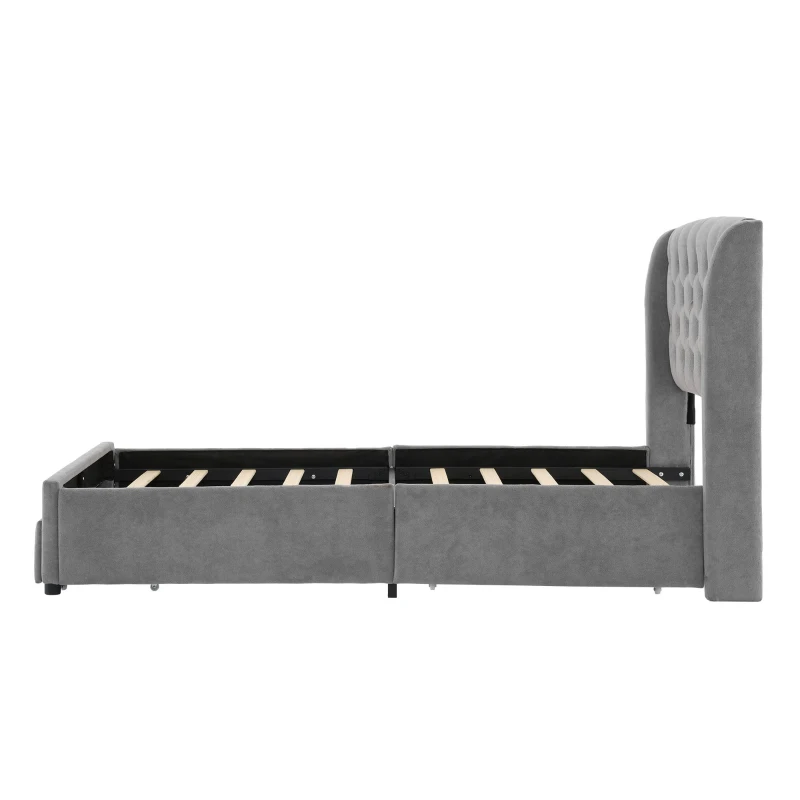 3FT Single Upholstered Storage Bed with 4 Drawers, Soft Backrest, Metal Frame, 204L x 101W x 106H cm, Gray