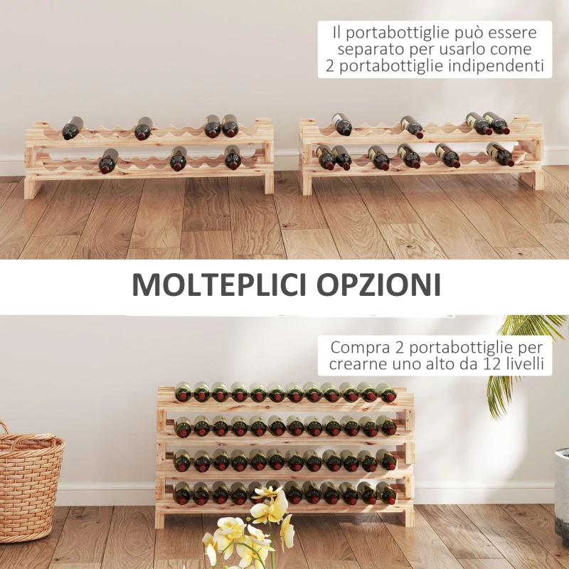 HOMCOM Portabottiglie in Legno di Pino, Cantinetta Vini con 4 Ripiani per 48 Bottiglie, 114x28x56.5 cm, Colore Legno