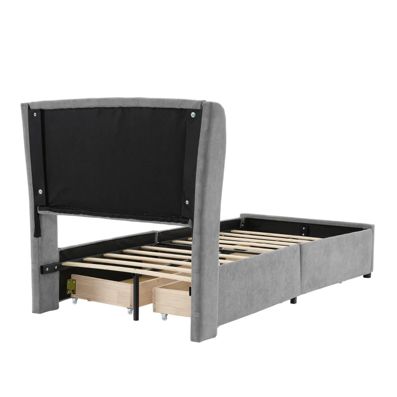3FT Single Upholstered Storage Bed with 4 Drawers, Soft Backrest, Metal Frame, 204L x 101W x 106H cm, Gray
