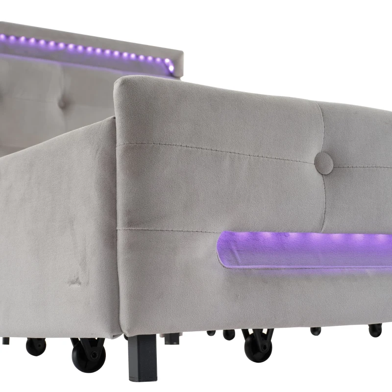 Velvet Upholstered Double Bed with Storage, Soft Backrest, 4 Drawers, LED Light Strips, 198L x 140W x 98H cm, Gray