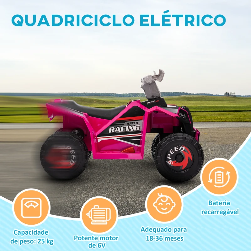 HOMCOM Quadriciclo Elétrico para Crianças Veículo Elétrico a Bateria de 6V com Velocidade de 2,5 km/h 70x41,5x48,5 cm Rosa