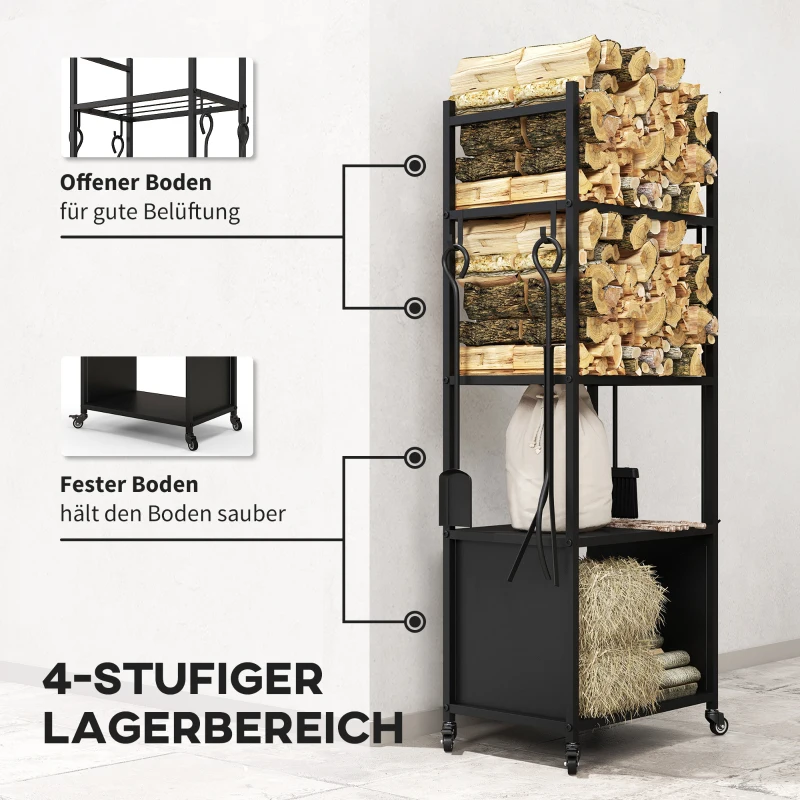 Outsunny 4-poziomowy Regał na Drewno Opałowe z Kółkami i 4 Narzędziami, Metalowy Schowek na Drewno do Wnętrz i Na Zewnątrz, Czarny