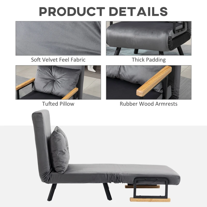 HOMCOM Canapea Extensibilă cu Spătar Reglabil pe 5 Nivele, Canapea Pat Individuală Pliabilă cu Perne, 63x73x81 cm, Gri(m-6)