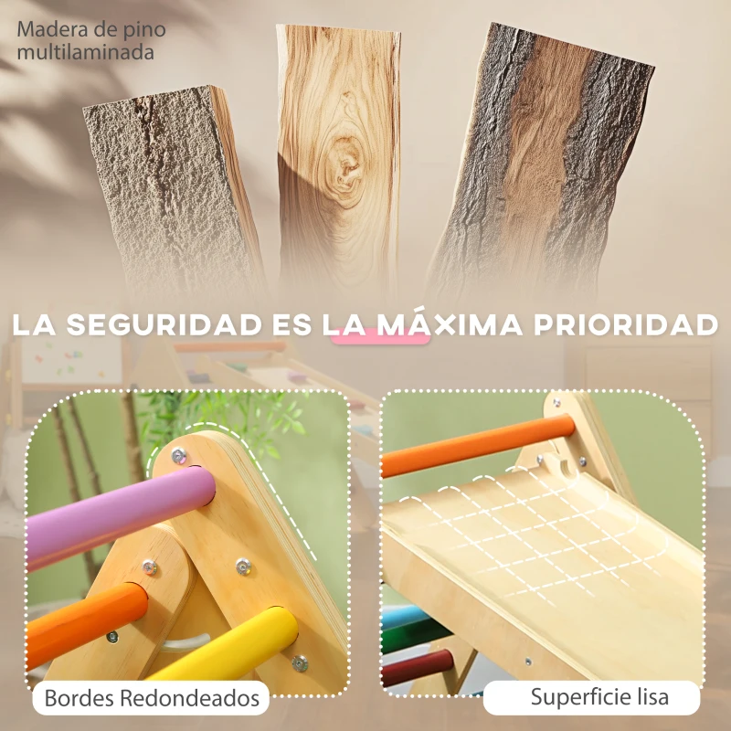 AIYAPLAY Triángulo de Escalada de Madera 3 en 1 con Rampa para Deslizarse o Escalar 147x64,5x63 cm Multicolor(m-5)