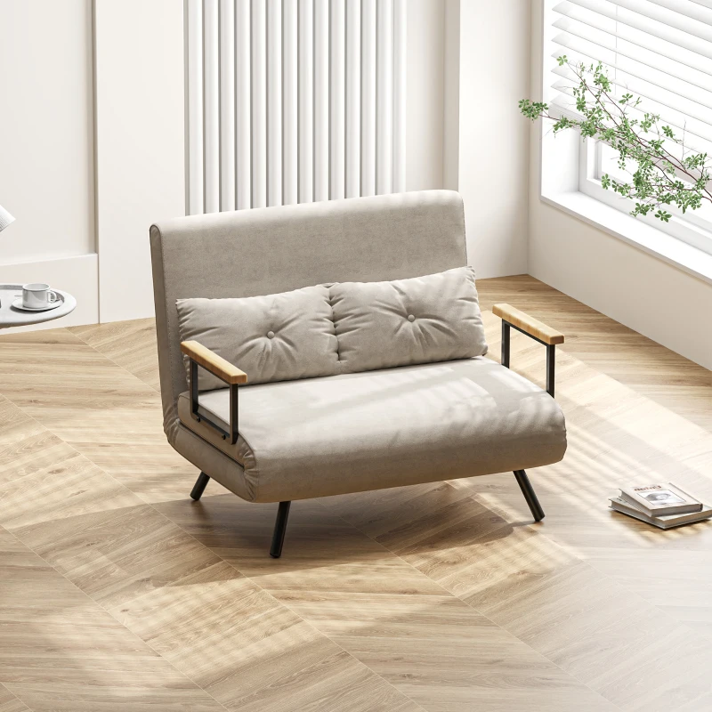 HOMCOM Canapea Pat de 2 Locuri cu Spătar Reglabil pe 5 Nivele și 2 Perne din Material Capitonat, 102x73x81 cm, Crem Alb(m-8)