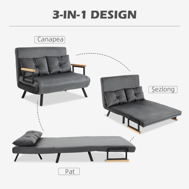 HOMCOM Canapea Pat de 2 Locuri cu Spătar Reglabil pe 5 Nivele și 2 Perne din Material Capitonat, 102x73x81 cm, Gri Închis(m-4)