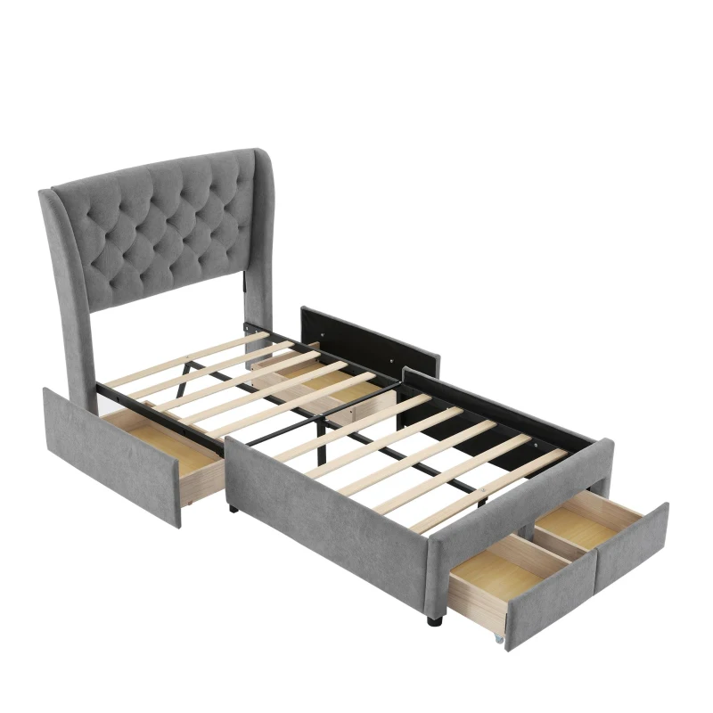 3FT Single Upholstered Storage Bed with 4 Drawers, Soft Backrest, Metal Frame, 204L x 101W x 106H cm, Gray