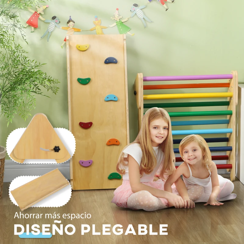 AIYAPLAY Triángulo de Escalada de Madera 3 en 1 con Rampa para Deslizarse o Escalar 147x64,5x63 cm Multicolor(m-7)