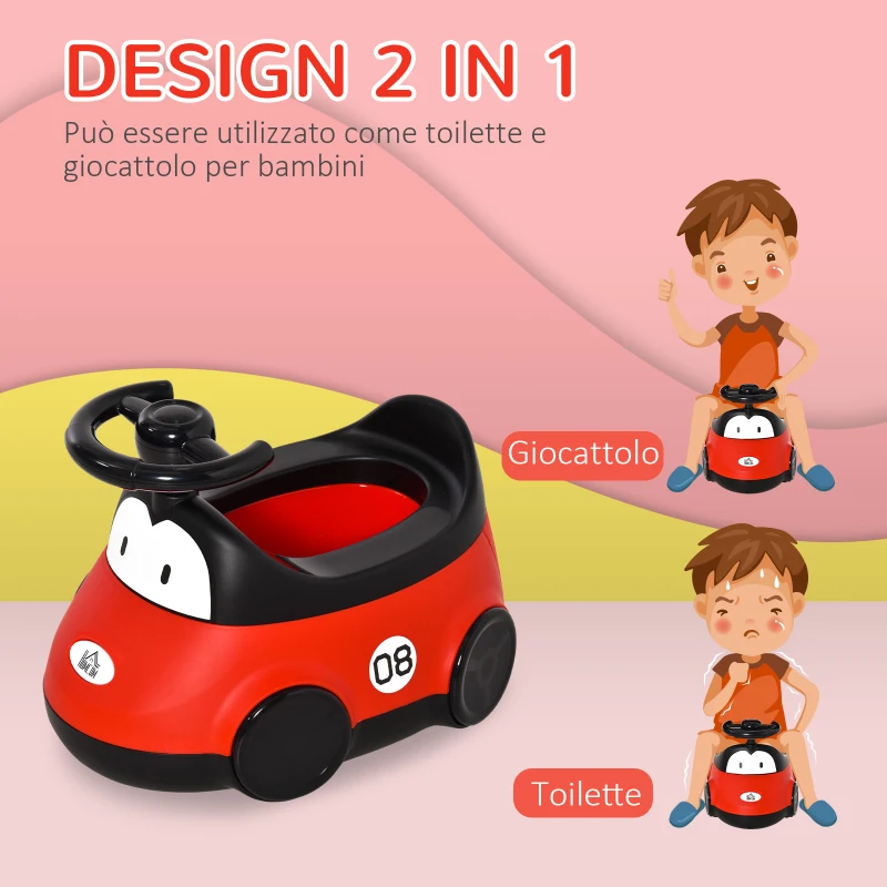 HOMCOM Vasino per Bambini da 6 Mesi a 3 Anni a Forma di Macchina con Volante e Vaschetta Rimovibile, Rosso