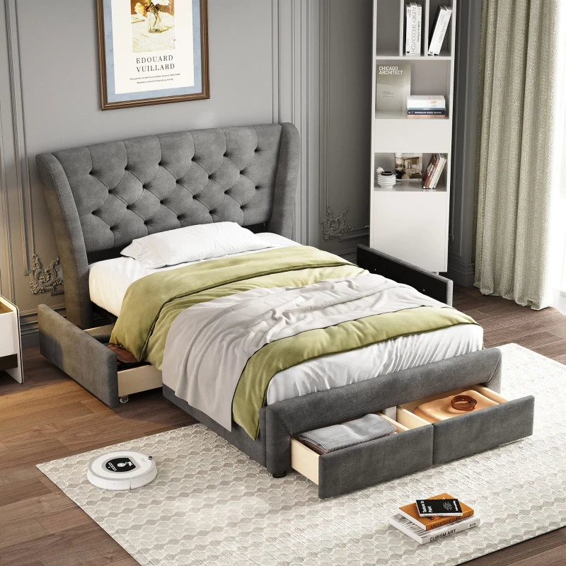 3FT Single Upholstered Storage Bed with 4 Drawers, Soft Backrest, Metal Frame, 204L x 101W x 106H cm, Gray