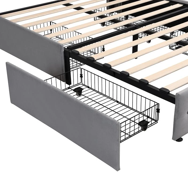 Upholstered Double Bed with Storage Drawers, Adjustable Lamp, USB Ports, Velvet Bedstead with Wooden Frame, 206.5L x 142W x 109H cm, Gray