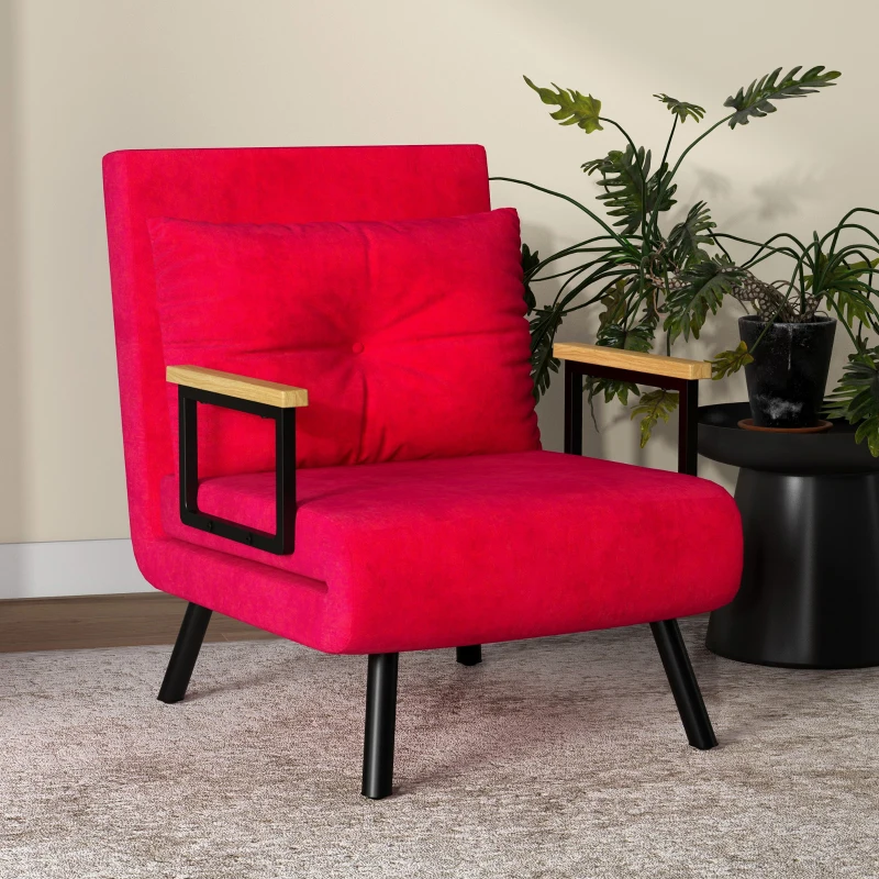 HOMCOM Canapea Extensibilă cu Spătar Reglabil pe 5 Nivele, Canapea Pat Individuală Pliabilă cu Perne, 63x73x81 cm, Roșu(m-7)