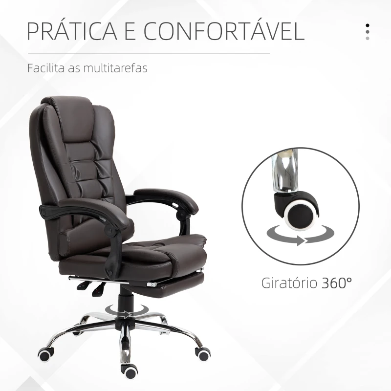 HOMCOM Cadeira de Escritório Reclinável Cadeira Executiva Giratória com Altura Ajustável Estofada em PU 64,5x69x109-117 cm Marrom