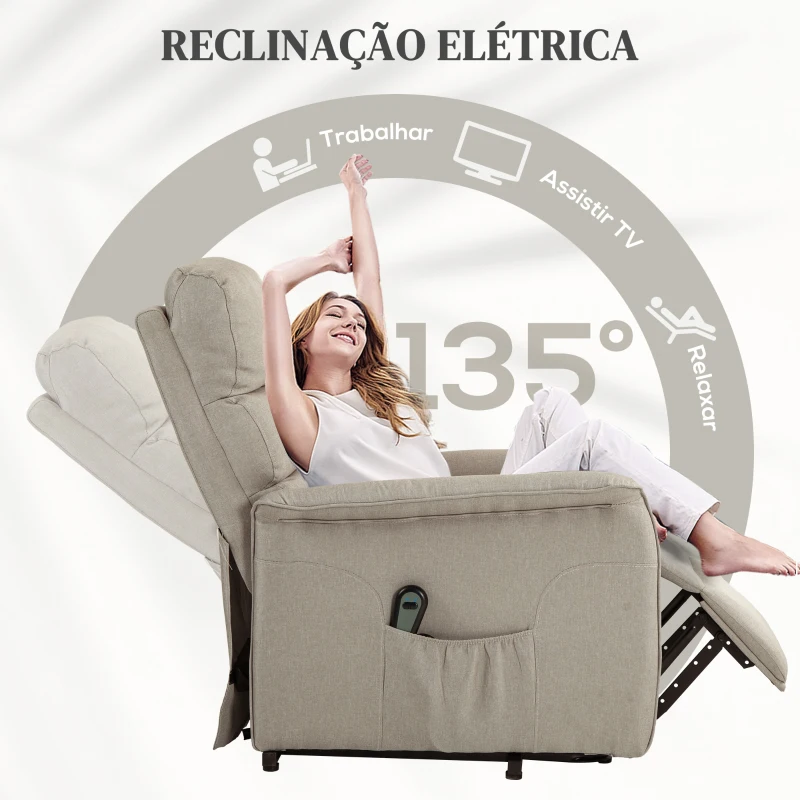 HOMCOM Poltrona Relax Reclinável Elétrica Poltrona Levanta Pessoas com Controlo Remoto e Bolso Lateral 66x90x96 cm Bege
