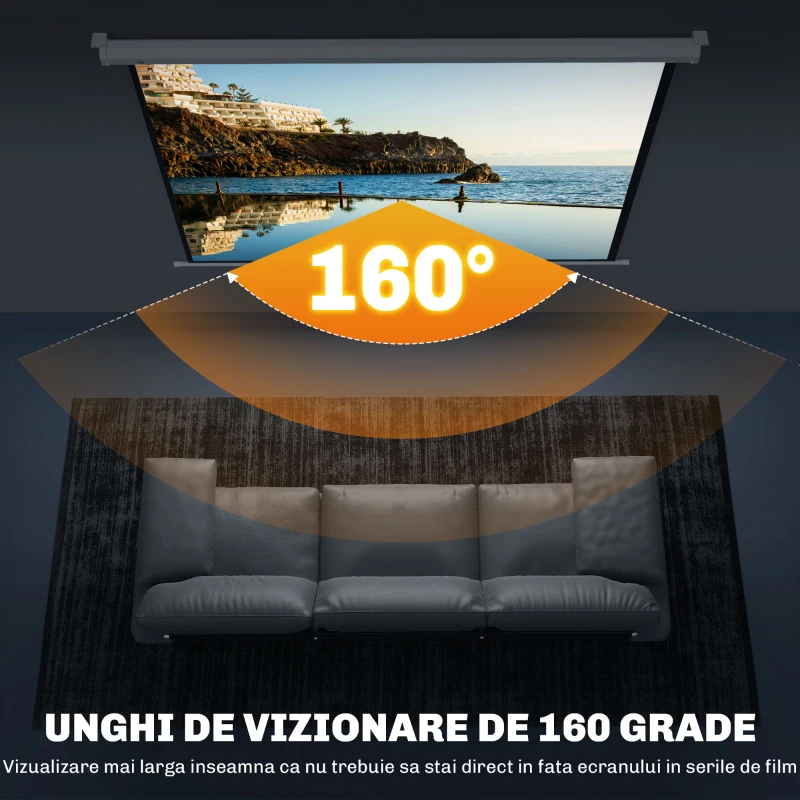 HOMCOM Ecran de Proiecție 84 Inch Format 4:3, Ecran Rulabil cu Unghi de 160° și Montare pe Tavan sau Perete, 181x8x138 cm, Alb