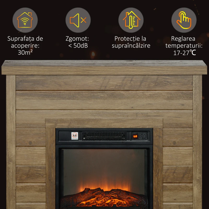 HOMCOM Șemineu Electric cu Flacără 3D, Oprire Automată, Încălzire Reglabilă și Temporizator, 96,5x22x81,7 cm, Lemn Natural