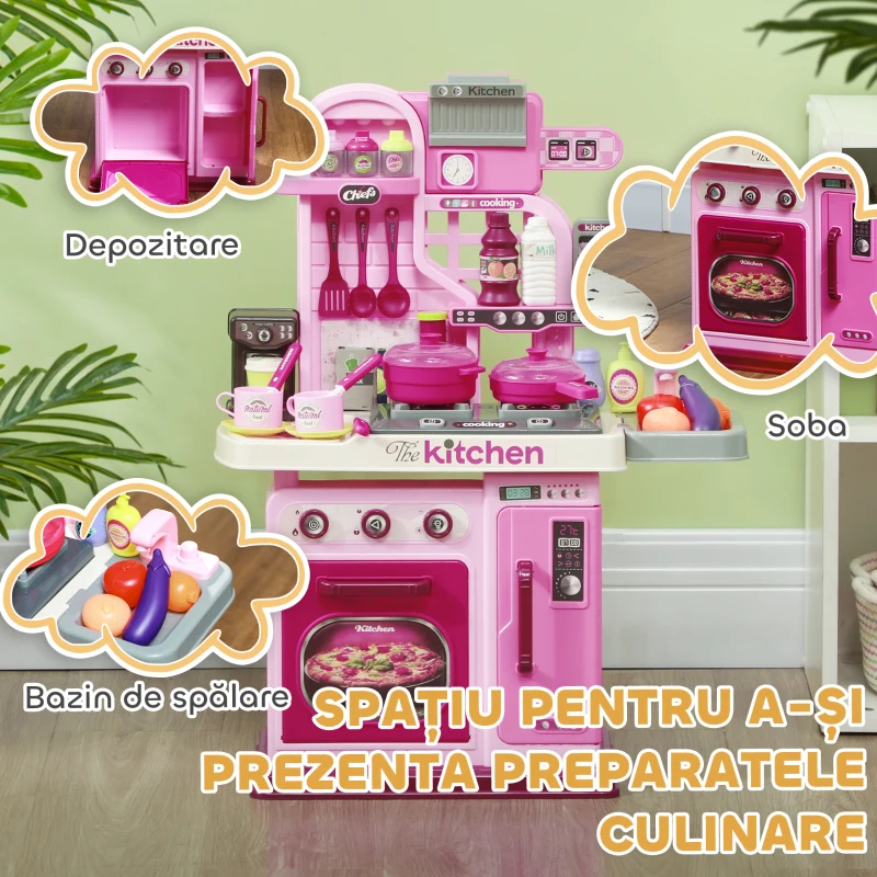 AIYAPLAY Bucătării pentru Copii cu Lumini, Sunete și Robinet, Set bucatarie pentru Copii , 53x22x69 cm, Roz
