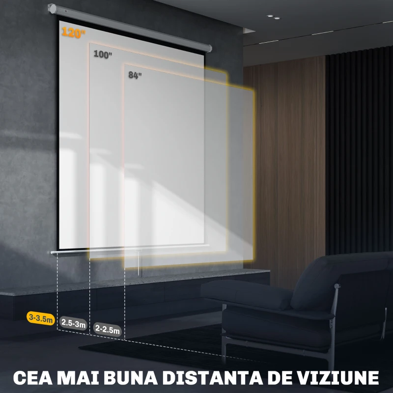 HOMCOM Ecran de Proiecție 120 Inch Format 1:1, Ecran Rulabil cu Unghi de 160° și Montare pe Tavan sau Perete, 223x8x223 cm, Alb