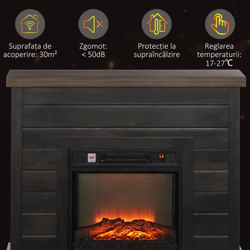 HOMCOM Șemineu Electric cu Flacără 3D, Oprire Automată, Încălzire Reglabilă și Temporizator, 96,5x22x81,7 cm, Maro