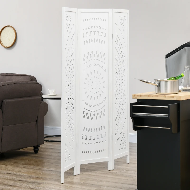 HOMCOM Paravan Interior cu 3 Panouri, Separator Pliabil de Interior, din Lemn Cioplit, 120x170 cm, Alb