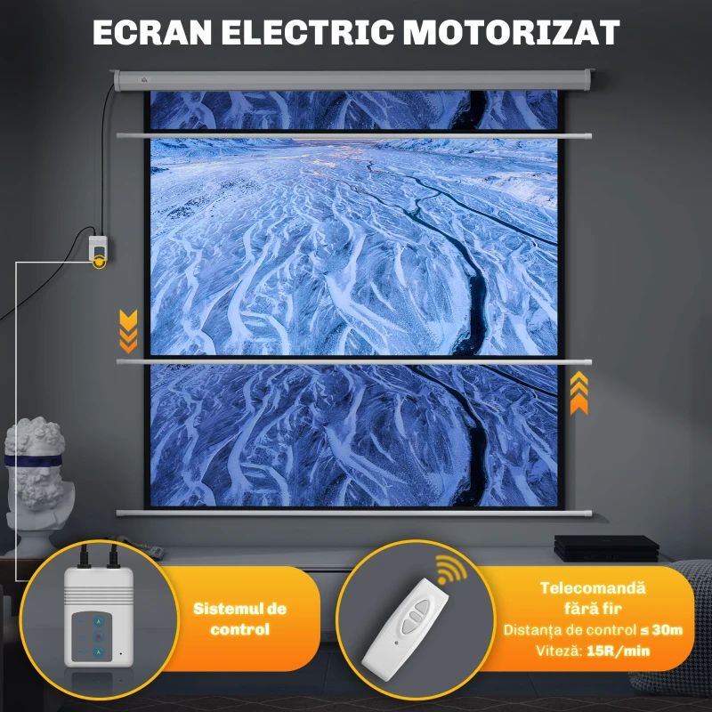 HOMCOM Ecran Proiector de 92 Inch cu Telecomandă, Pânză de Proiector Rulabilă din Plastic și Metal, 189,5x8x189,5 cm, Alb