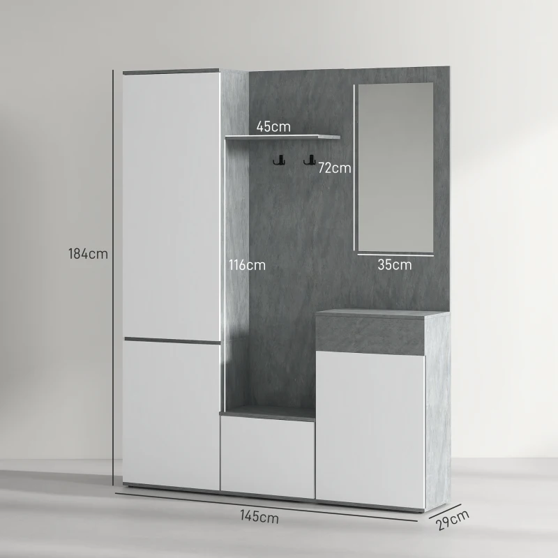 HOMCOM Mobilier 4 în 1 cu Oglindă, Cuiere și Rafturi Interioare Reglabile, Mobilier Multifuncțional, 145x29x184 cm, Gri(m-3)