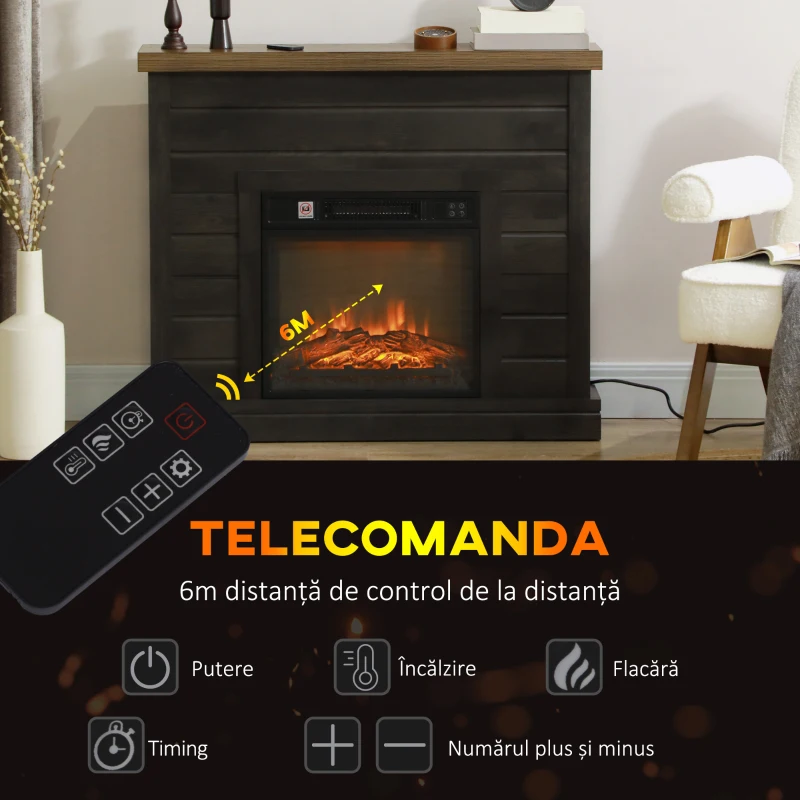 HOMCOM Șemineu Electric cu Flacără 3D, Oprire Automată, Încălzire Reglabilă și Temporizator, 96,5x22x81,7 cm, Maro