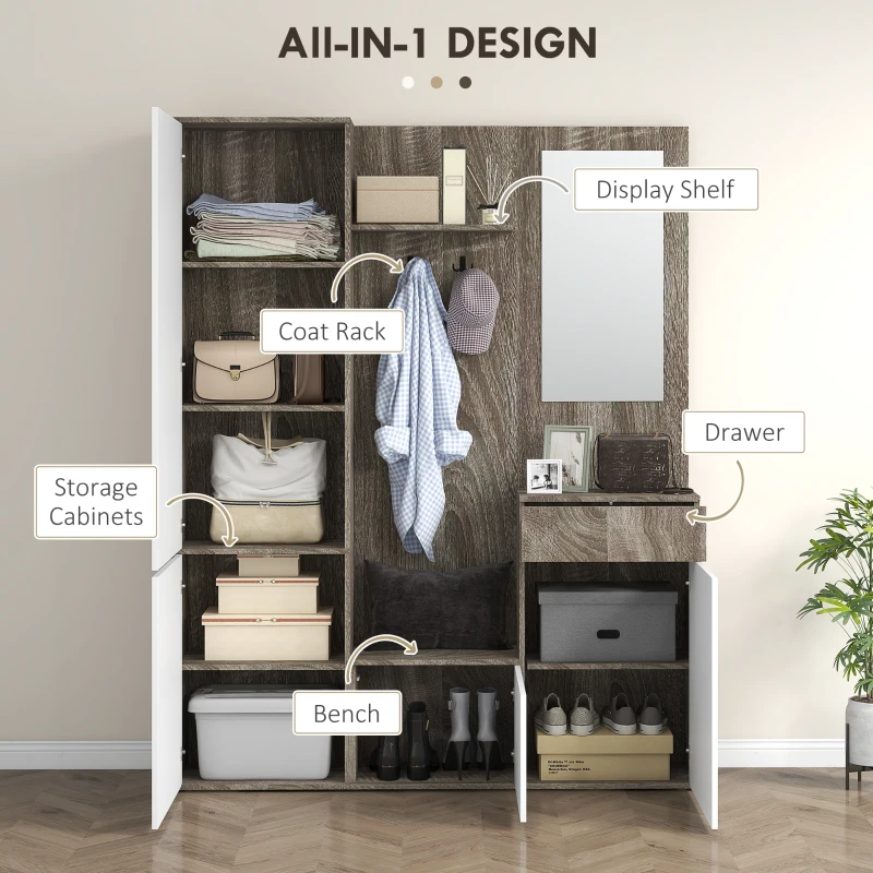 HOMCOM Mobilier 4 în 1 cu Oglindă, Cuiere și Rafturi Interioare Reglabile, Mobilier Multifuncțional, 145x29x184 cm, Negru