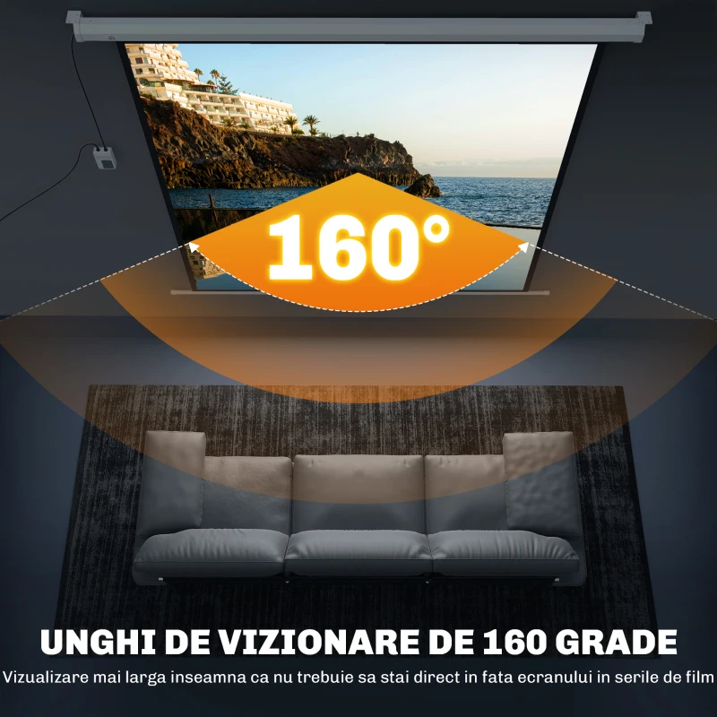 HOMCOM Ecran Proiector de 92 Inch cu Telecomandă, Pânză de Proiector Rulabilă din Plastic și Metal, 189,5x8x189,5 cm, Alb