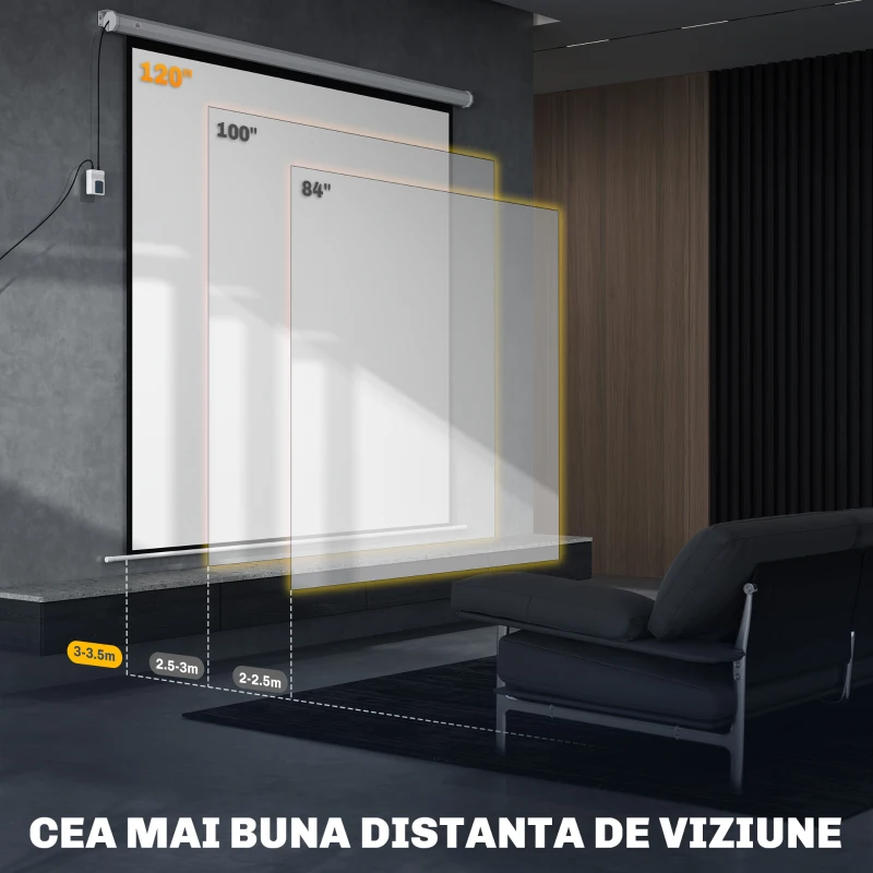 HOMCOM Ecran de Proiecție de 120 inch cu Telecomandă, Suprafață de Proiecție din Plastic și Metal, 236,5x8x236,5 cm, Alb