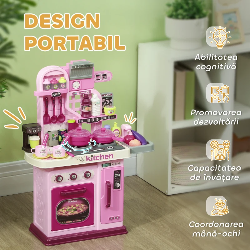 AIYAPLAY Bucătării pentru Copii cu Lumini, Sunete și Robinet, Set bucatarie pentru Copii , 53x22x69 cm, Roz