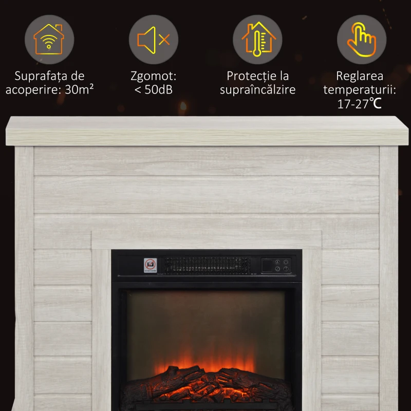 HOMCOM Șemineu Electric cu Flacără 3D, Oprire Automată, Încălzire Reglabilă și Temporizator, 96,5x22x81,7 cm, Gri Deschi