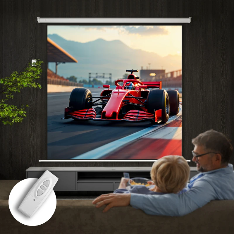 HOMCOM Ecran de Proiecție de 120 inch cu Telecomandă, Suprafață de Proiecție din Plastic și Metal, 236,5x8x236,5 cm, Alb
