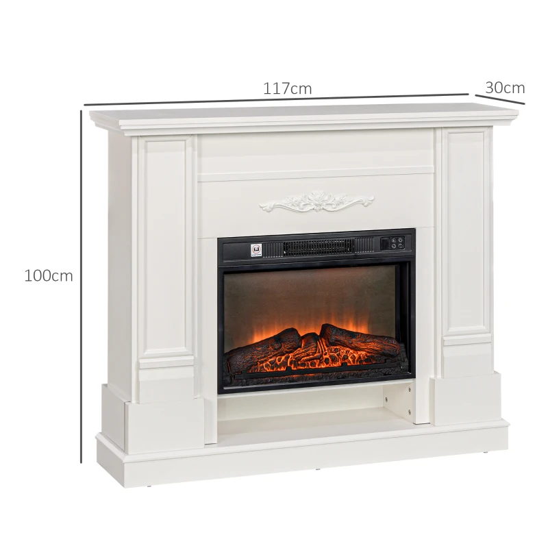 HOMCOM Șemineu Electric cu Flacără 3D, Oprire Automată, Încălzire Reglabilă și Temporizator, 96,5x22x81,7 cm, Alb