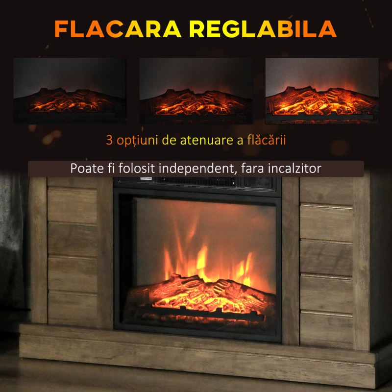 HOMCOM Șemineu Electric cu Flacără 3D, Oprire Automată, Încălzire Reglabilă și Temporizator, 96,5x22x81,7 cm, Lemn Natural