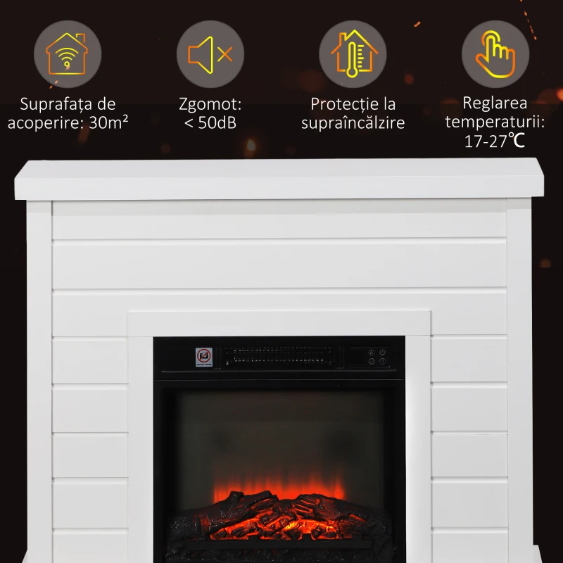 HOMCOM Șemineu Electric cu Efect de Flacără 3D, Oprire Automată, Încălzire Reglabilă și  Temporizator, 96,5x22x81,7 cm, Alb