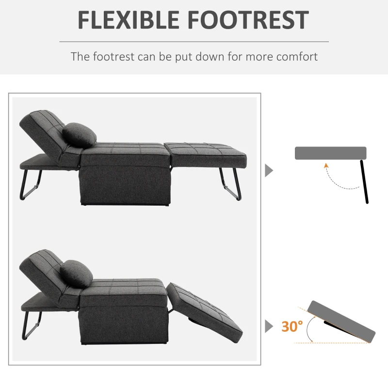 HOMCOM Canapea extensibilă de o persoană 3 în 1 cu Spătar Reglabil pe 5 Nivele și Pernă Suplimentară, 95x179x78 cm, Gri(m-6)