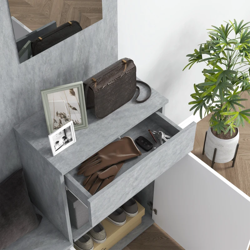 HOMCOM Mobilier 4 în 1 cu Oglindă, Cuiere și Rafturi Interioare Reglabile, Mobilier Multifuncțional, 145x29x184 cm, Gri(m-8)