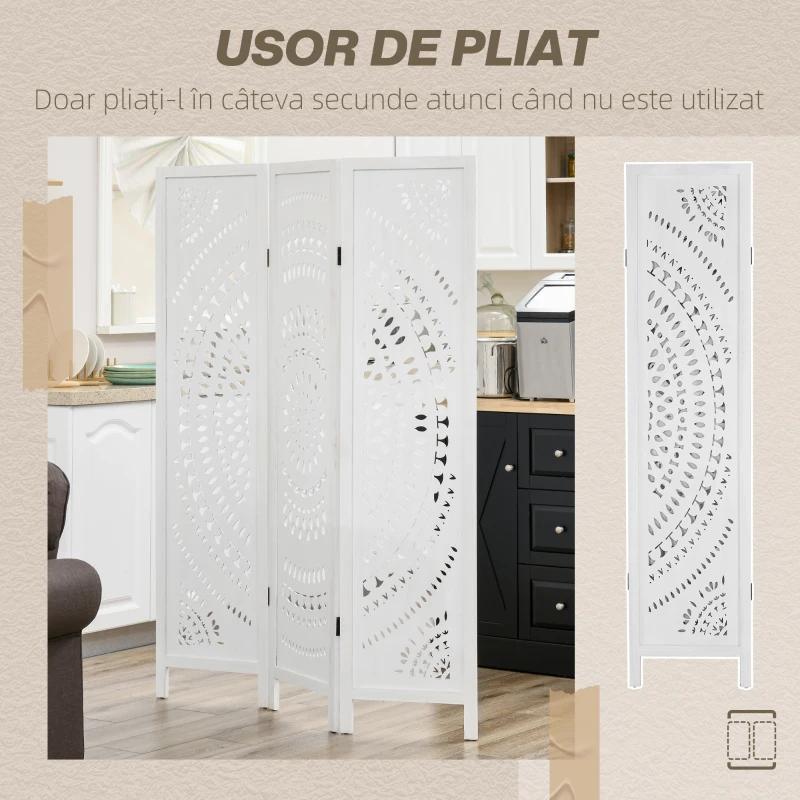 HOMCOM Paravan Interior cu 3 Panouri, Separator Pliabil de Interior, din Lemn Cioplit, 120x170 cm, Alb