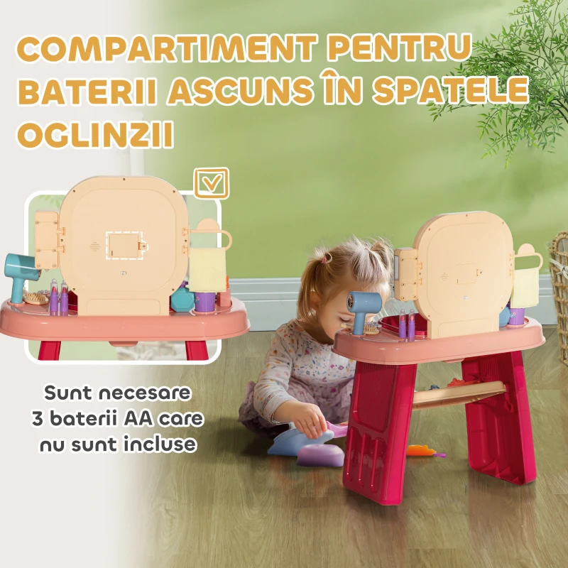 AIYAPLAY Masă de Toaletă pentru Fetițe 3-6 Ani cu Oglindă din Acrilic și Robinet, Jucărie pentru Copii din Plastic, 55x29x71 cm, Roz