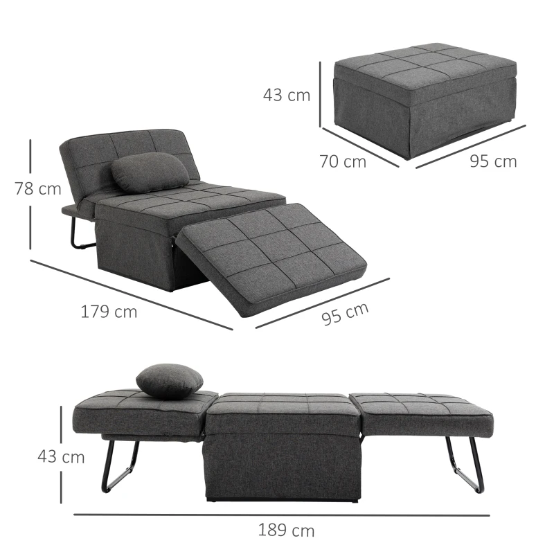 HOMCOM Canapea extensibilă de o persoană 3 în 1 cu Spătar Reglabil pe 5 Nivele și Pernă Suplimentară, 95x179x78 cm, Gri(m-3)